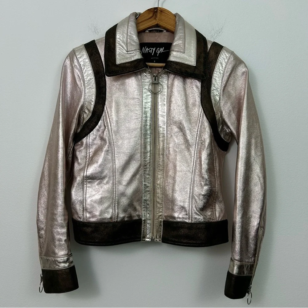 Nasty Gal Metallic Rose Gold Lambskin Leather‎ Moto Jacket Size Small
